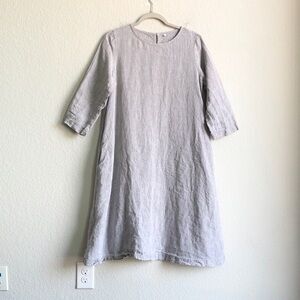 Muji Linen 3/4 Sleeve Pocket Dress Heathered Grey Medium Lagenlook Layering